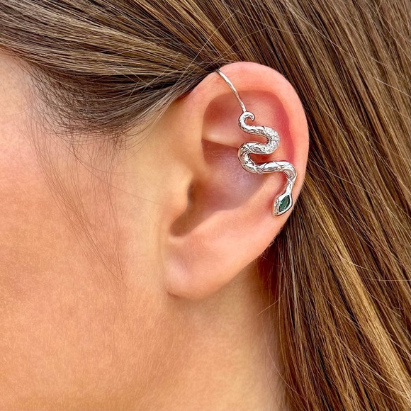 Snake non-pierced ear cuff with CZ diamonds - Sterling Silver 925 - Picture 1 of 3